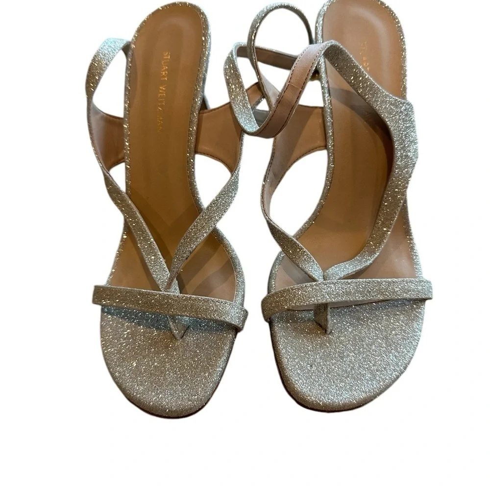 Stuart Weitzman ALIGN 95 Silver Sparkle Strappy Heels | Minimalist Nudist Style - Picture 7 of 11